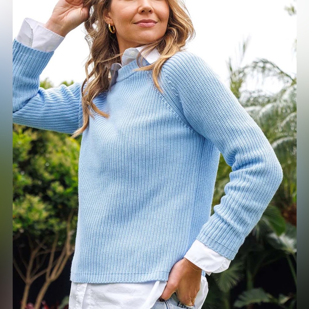 Pura Cashmere Light Blue Cotton Crewneck Sweater - Classic Rib Knit
